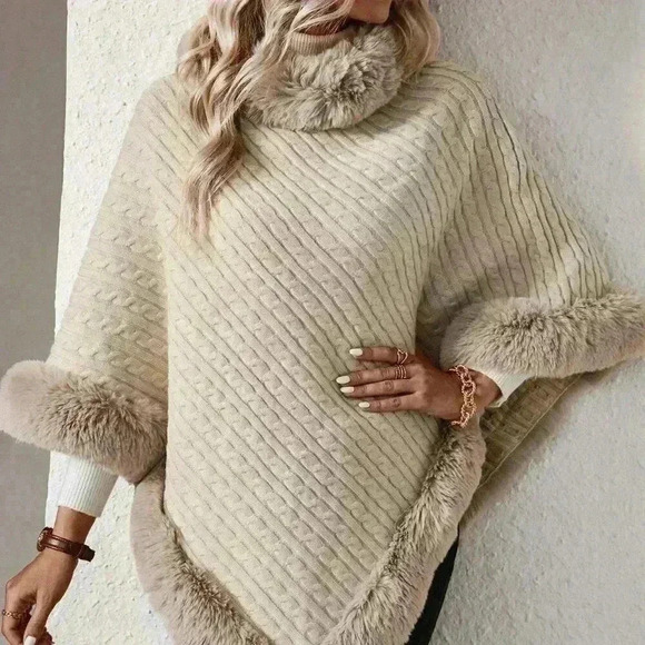 Apricot Casual Women's Turtleneck Fuzzy Trim Batwing Sleeve Poncho Sweater - Picture 3 of 7
